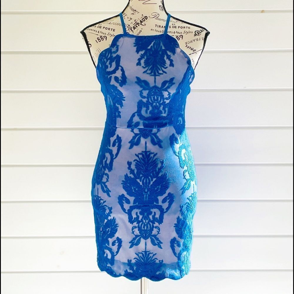 F & R Free & Rose Halter Strappy Open Back Lace Mini Dress Size Medium
